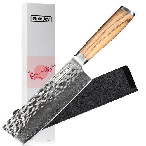 Qulajoy Nakiri Chef Knife 6.5 Inch - Professional Japanese 67 Layers Damascus VG-10 Steel - Hammered Vegetable Cutting Knife - Zebrawood Handle With S